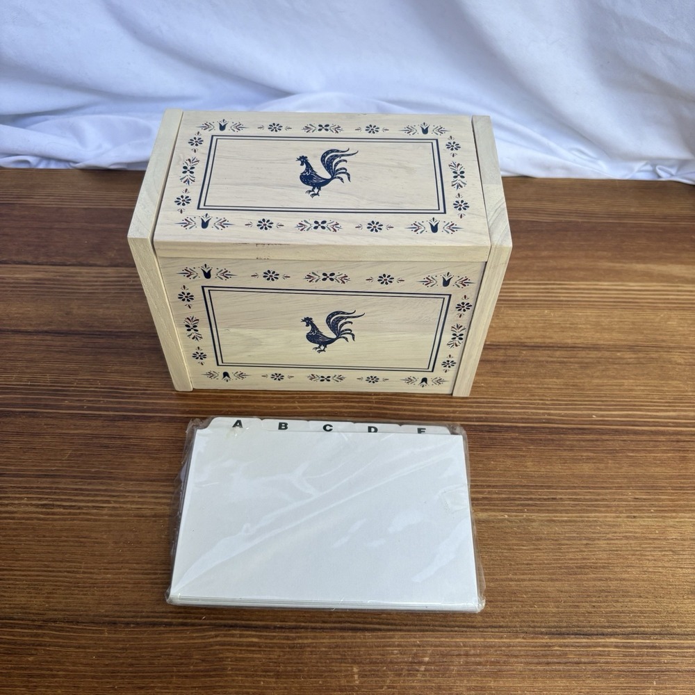 Wooden Recipe Card Box Rooster Country Farmhouse w/ Sealed A-Z Dividers 4x6
